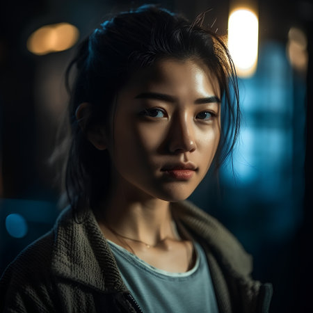 Portrait of a young asian woman in the city at nightの素材
