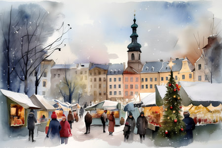 Christmas market in the old town of Riga, Latvia. Watercolor paintingの素材