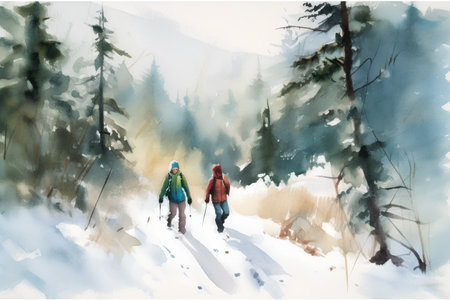 Man and woman hiking in winter forest. Digital watercolor painting.の素材