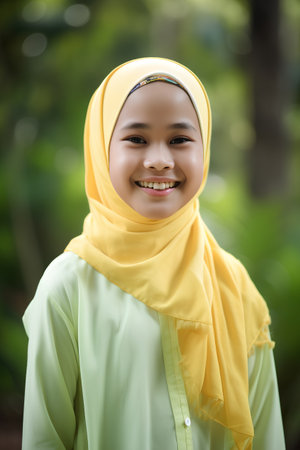 Veiled teenager with hijab smiling at the camera with green background.の素材