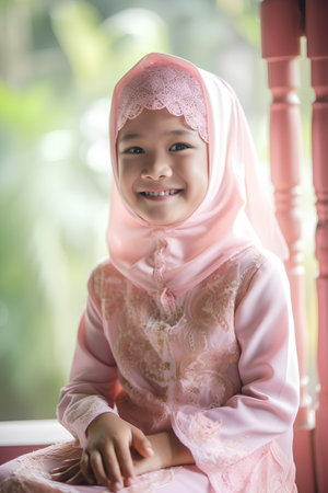 Hijab little girl wearing pink veil in the garden background.の素材