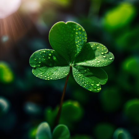 Green clover leaf with drops of dew on blurred background.の素材