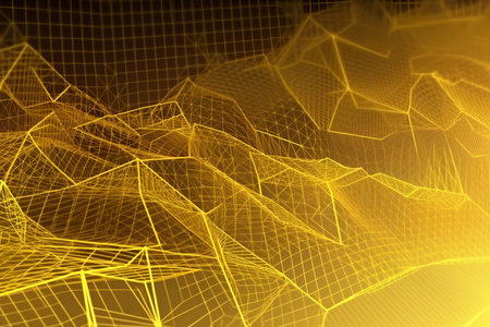 abstract yellow background with wireframe lines and dots, 3d renderの素材