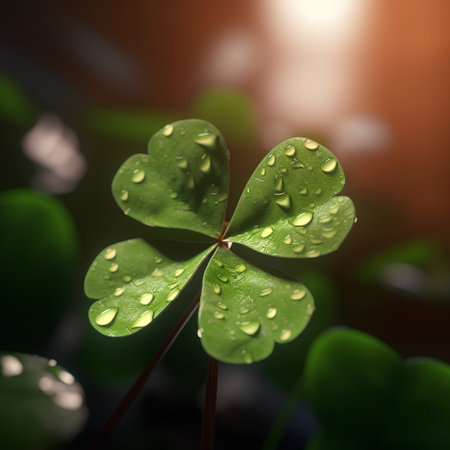 four-leaf clover with drops of dew on the leavesの素材
