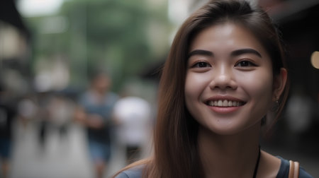 Beautiful asian woman smiling at the camera in the city.の素材