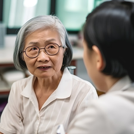 Asian senior woman talking with her caregiver in nursing home or retirement homeの素材