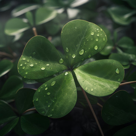 Green clover leaves with water drops in the forest. Nature backgroundの素材