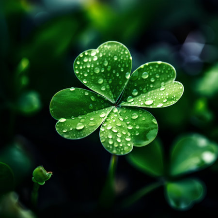 Green clover leaf with water drops. St. Patrick's Day backgroundの素材