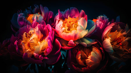 Beautiful peony flowers on a black background. Toned.の素材