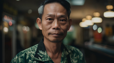 Portrait of handsome asian man looking at camera in coffee shopの素材