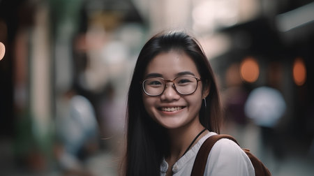 Portrait of happy young asian woman with eyeglasses in the cityの素材