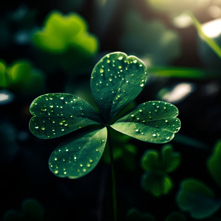 Green clover leaves with water drops. St. Patrick's Day backgroundの素材