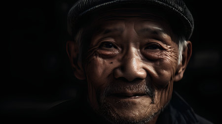 Portrait of an old Asian man with a sad expression on his face.の素材
