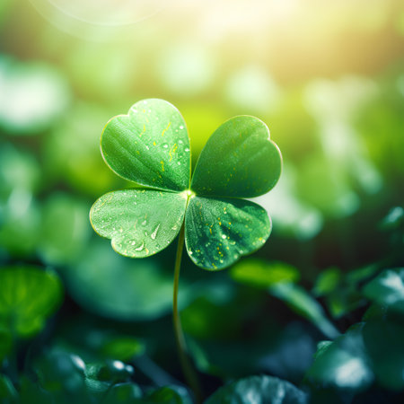 Green clover leaf with water drops on blurred background. St. Patrick's day concept.の素材