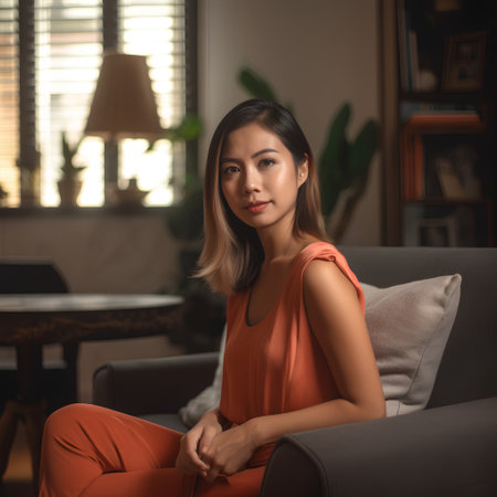 Portrait of beautiful Asian woman sitting on sofa in living room at homeの素材