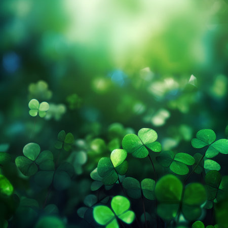 Green clover leaves on blurred nature background. St. Patrick's dayの素材