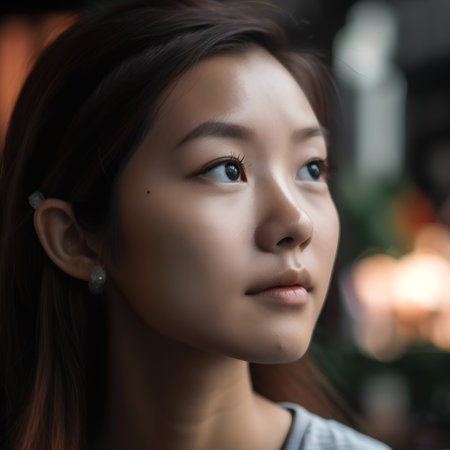 Portrait of a beautiful asian woman in a cafe. Shallow depth of fieldの素材