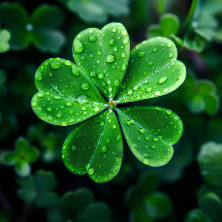 Green clover leaf with dew drops. St. Patrick's Day backgroundの素材