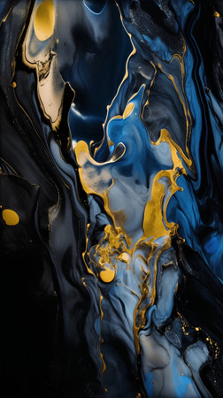abstract background of blue, yellow and black acrylic paint in waterの素材