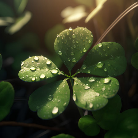 Green clover leaves with dew drops close-up. Nature backgroundの素材