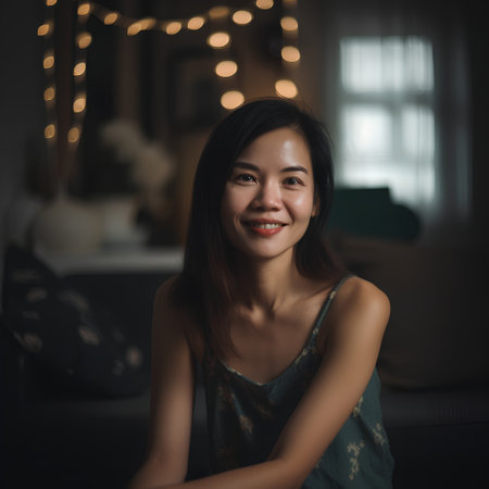 Portrait of a beautiful asian woman smiling in the living room at homeの素材