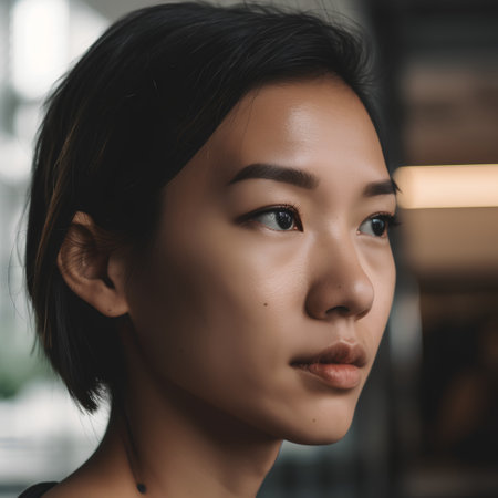 Portrait of a beautiful asian woman looking at camera in cafeの素材