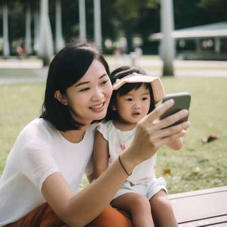 Happy asian mother and daughter sitting on the park bench and using smartphone togetherの素材