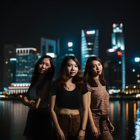 Portrait of three beautiful Asian women standing in the city at nightの素材