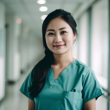 Portrait of a beautiful young asian nurse smiling at the cameraの素材