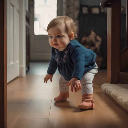 Portrait of a cute baby girl playing on the floor at homeの素材