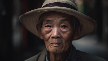 Portrait of an old asian man with hat in the streetの素材