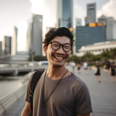 Portrait of a young man smiling at the camera in Hong Kongの素材