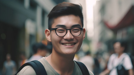 Portrait of a young asian man with eyeglasses smilingの素材