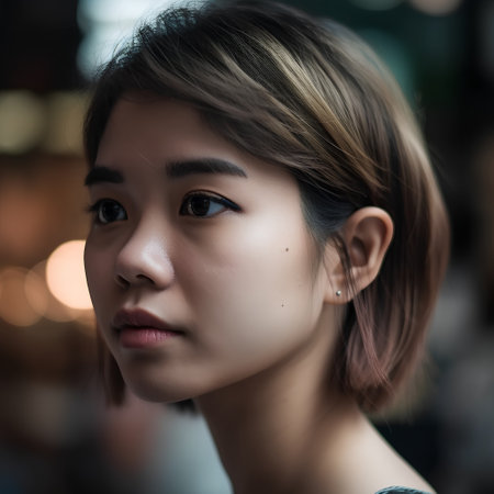 Closeup portrait of a beautiful young asian woman with short hairの素材