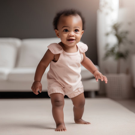 Cheerful little african american baby standing on the floorの素材
