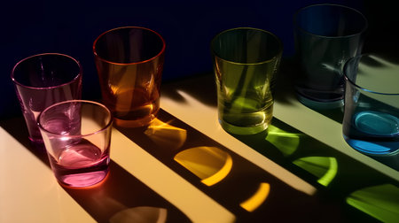 colorful shot glasses on the table in the light of the lampの素材