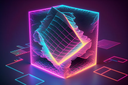 Abstract 3d cube with glowing neon lines. Futuristic vector illustration.の素材