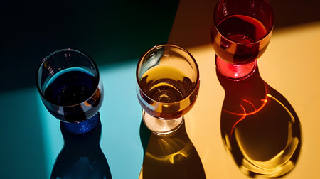 three glasses of red, blue and yellow wine on a colored backgroundの素材