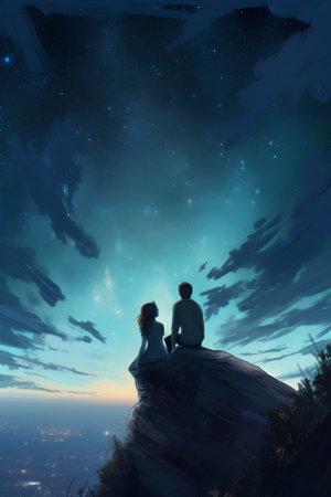 couple sitting on top of the mountain and looking at the milky wayの素材