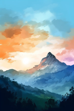 Mountain landscape with clouds and sun at sunset. Vector illustration.の素材