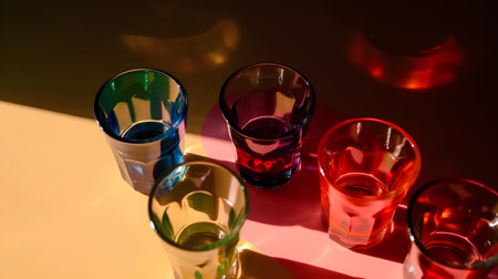 Colorful shot glasses on a bright background with hard light and shadowsの素材