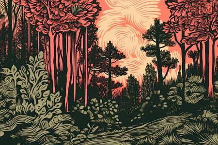 Forest landscape with coniferous trees and sun. Vector illustration.の素材