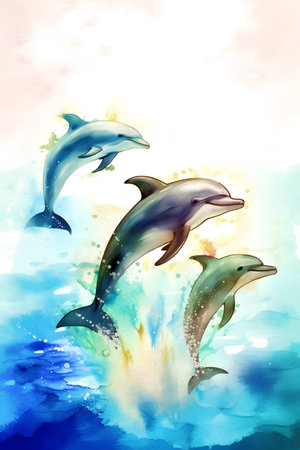 Dolphins jumping out of the water. Hand drawn watercolor illustration.の素材
