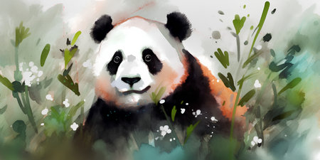 Watercolor portrait of a panda on a background of grass.の素材