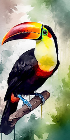 Toucan on a branch with watercolor background. Vector illustration.の素材
