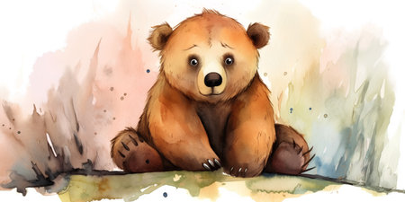 watercolor drawing of a brown bear sitting on the ground, vector illustrationの素材
