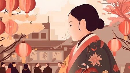 Illustration of a man wearing a kimono during a Chinese New Yearの素材