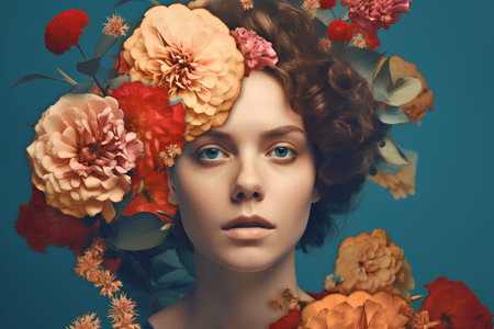 Portrait of a beautiful young woman with flowers in her hair.の素材