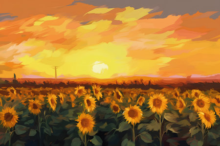 Sunflower field at sunset, vector illustration. Sunflower field at sunsetの素材