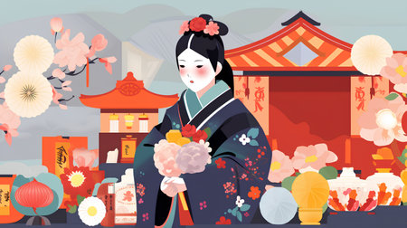 Japanese woman in traditional costume. Vector illustration in flat cartoon style.の素材